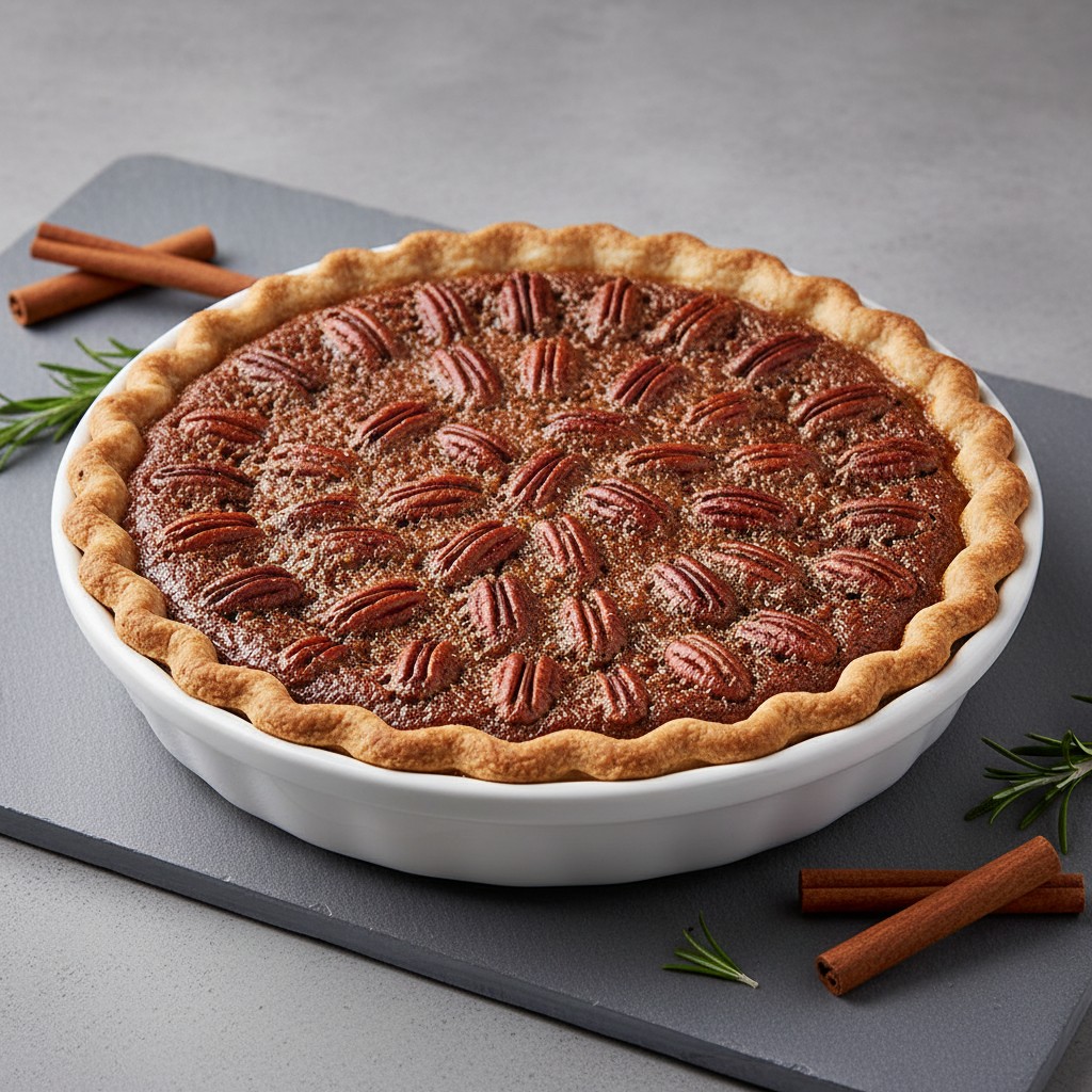 A whole pecan pie in a flour dish, encircled by a wavy crust edge, sits atop a gray board lined with cinnamon sticks and r...